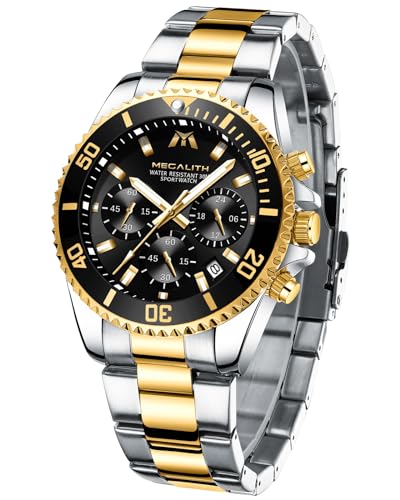 MEGALITH Herrenuhr Edelstahl Chronographen Herren Armbanduhr Wasserdicht Schwarz Zifferblatt Gold Uhren fur Männer Leuchtende Analog Datum MEGALITH Herrenuhr Edelstahl Chronographen Herren Armbanduhr Wasserdicht Schwarz Zifferblatt Gold Uhren fur Männer Leuchtende Analog Datum von MEGALITH
