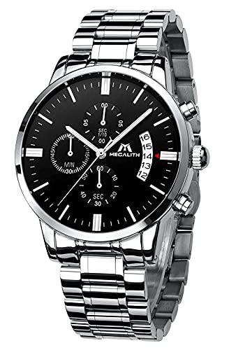 MEGALITH Herrenuhr Edelstahl Silber Chronographen Herren Armbanduhr Wasserdicht Analog Uhren fur Männer Großes Ziffernblatt Leuchtende Datum - Silber Schwarz von MEGALITH