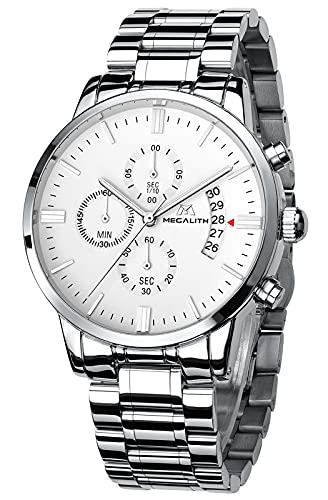MEGALITH Uhren Herren Silber Edelstahl: Chronographen Armbanduhr Herren Wasserdicht - Herrenuhr Groß Ziffernblatt Leuchtende Datum von MEGALITH