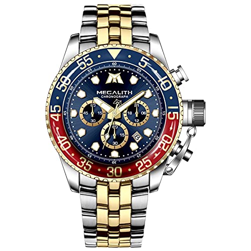 MEGALITH Herrenuhr Gold Edelstahl Chronographen Armbanduhr Herren Wasserdicht Groß Analog Uhr Herren Business Design Uhren fur Männer Blau Zifferblatt Kalender Leuchtend von MEGALITH