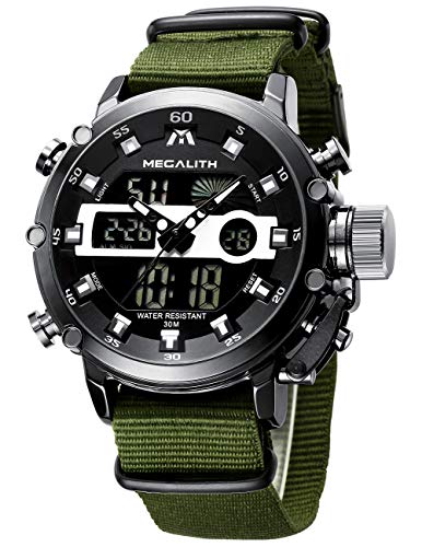 MEGALITH Herrenuhr Militär Digitaluhr Sportlich - Armbanduhr Herren 45mm Groß Zifferblatt Wasserdicht LED Uhren fur Männer Grünes Nylon Stoppuhr Wecker Kalender von MEGALITH