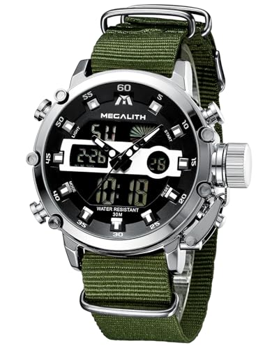 MEGALITH Herrenuhr Militär Digitaluhr Sportlich - Armbanduhr Herren Groß Wasserdicht LED Uhren fur Männer Grünes Nylon Stoppuhr Wecker Kalender, Geschenke für Männer von MEGALITH