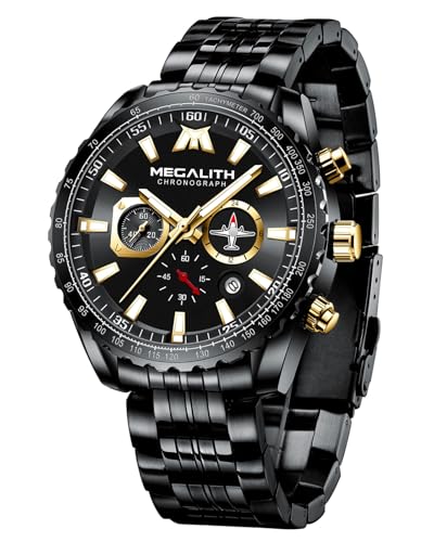 MEGALITH Armbanduhr Herren Edelstahl Chronograph: Schwarz Uhren Herren Große mit Datum - Wasserdicht Quarz Uhr fur Männer Mode Casual von MEGALITH