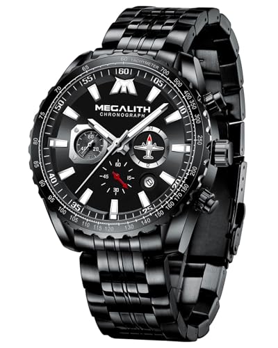 MEGALITH Uhren Herren Edelstahl Chronograph: Schwarz Armbanduhr Herren Große mit Datum - Wasserdicht Quarz Uhr fur Männer Designer von MEGALITH