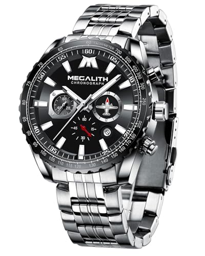 MEGALITH Uhren Herren Edelstahl Chronograph: Silber Armbanduhr Herren Große mit Datum - Wasserdicht Quarz Uhr fur Männer Mode Casual von MEGALITH