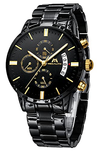 MEGALITH Uhren Herren Schwarz Edelstahl: Chronographen Armbanduhr Herren Wasserdicht - Herrenuhr Groß Ziffernblatt Leuchtende Datum von MEGALITH