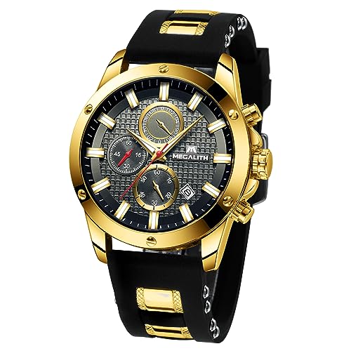 MEGALITH Herrenuhr Schwarz Sportlich Chronographen Herren Armbanduhr Gold Groß Wasserdicht Analog Uhren fur Männer Gummi Uhr Designer Modisch Leuchtende Datum von MEGALITH