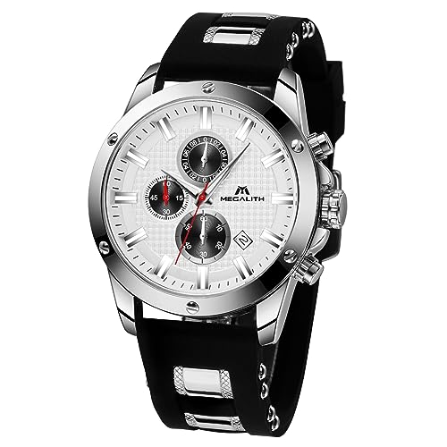 MEGALITH Herrenuhr Schwarz Sportlich Chronographen Herren Armbanduhr Silber Groß Wasserdicht Analog Uhren fur Männer Gummi Designer Modisch Leuchtende Datum von MEGALITH