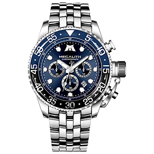 MEGALITH Herrenuhr Silber Edelstahl Chronographen Armbanduhr Herren Wasserdicht Groß Analog Uhr Herren Business Design Uhren fur Männer Blau Zifferblatt Kalender Leuchtend von MEGALITH