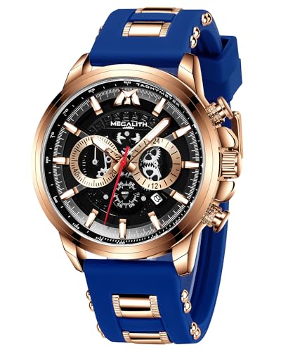 MEGALITH Herrenuhren Chronograph Armbanduhr Männer: Groß Wasserdicht Gummi - Analog Blau-Roségold Geschenk fur Herren von MEGALITH