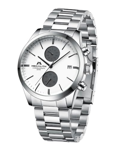 MEGALITH Uhr Herren Chronograph Armbanduhr: Klassische Edelstahl Wasserdicht Herren Quarzuhr - Silber Analog Datum Männer Uhren von MEGALITH