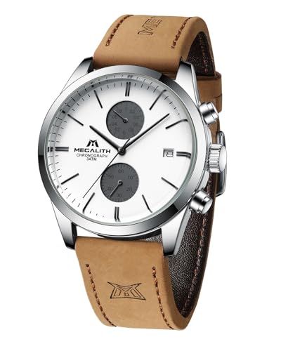 MEGALITH Uhren Herren Chronograph Armbanduhr: Analog Quarz Wasserdicht - Lederarmband Braun Herren Uhr Datum von MEGALITH