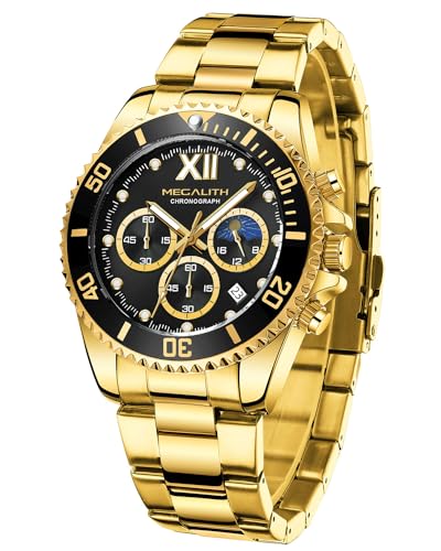 MEGALITH Uhren Herren Chronograph Edelstahl - Gold Herrenuhr Moon Phase 43mm Designer Wasserdicht Armbanduhr Herren Groß Datum Leuchtende Männer Uhr Analog Quarz, Geschenk für Männer MEGALITH Uhren Herren Chronograph Edelstahl - Gold Herrenuhr Moon Phase 43mm Designer Wasserdicht Armbanduhr Herren Groß Datum Leuchtende Männer Uhr Analog Quarz, Geschenk für Männer von MEGALITH