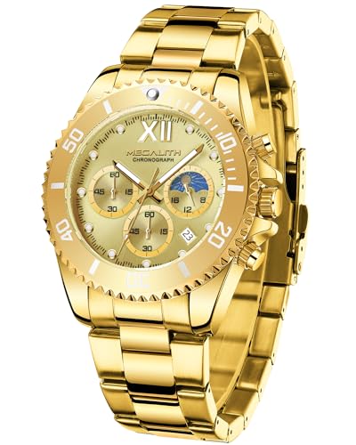 MEGALITH Uhren Herren Chronograph Edelstahl: Herrenuhr Groß Gold - Armbanduhr Herren mit Datum Leuchtende Moon Phase von MEGALITH