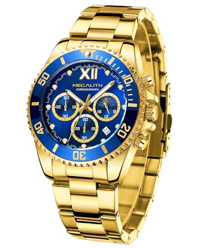 MEGALITH Uhren Herren Chronograph Edelstahl: Herrenuhr Groß Gold Blau - Armbanduhr Herren mit Datum Leuchtende Moon Phase von MEGALITH