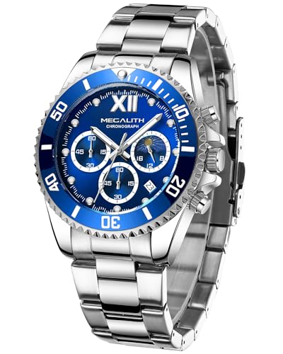 MEGALITH Uhren Herren Chronograph Edelstahl: Herrenuhr Groß Silber Blau - Armbanduhr Herren mit Datum Leuchtende Moon Phase von MEGALITH