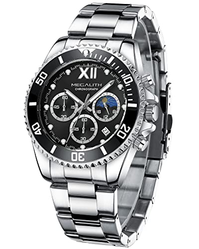 MEGALITH Uhren Herren Chronograph Edelstahl: Herrenuhr Groß Silber Schwarz - Armbanduhr Herren mit Datum Leuchtende Moon Phase von MEGALITH