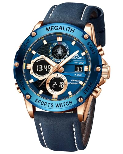 MEGALITH Uhren Herren Digital Armbanduhr: Wasserdicht Sport Herrenuhr mit Wecker Stoppuhr - Digitaluhr Herren Groß Zifferblatt Blau Leder von MEGALITH