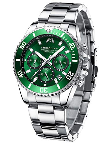 MEGALITH Uhren Herren Edelstahl Silber: Chronographen Armbanduhr Groß - Grün Zifferblatt Leuchtende Datum Wasserdicht Uhren fur Männer Kleid MEGALITH Uhren Herren Edelstahl Silber: Chronographen Armbanduhr Groß - Grün Zifferblatt Leuchtende Datum Wasserdicht Uhren fur Männer Kleid von MEGALITH