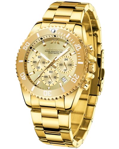 MEGALITH Uhren Herren Gold Edelstahl: Groß Chronograph Armbanduhr Herren Business Elegant - Designer Herrenuhr Geschenk für Männer von MEGALITH