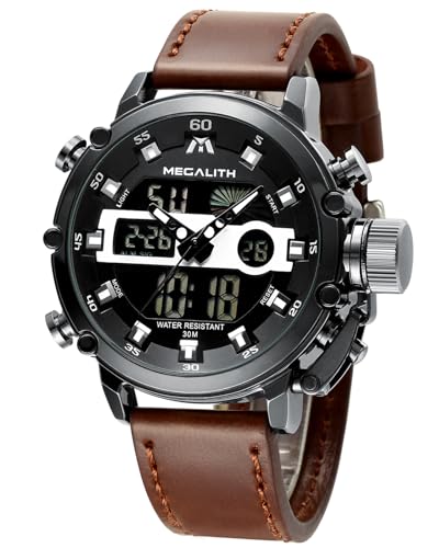 MEGALITH Uhren-Herren Militär Digitaluhr Sportlich - Armbanduhr Herren 45mm Groß Zifferblatt Wasserdicht LED Uhren fur Männer Braunes Leder Stoppuhr Wecker Kalender von MEGALITH