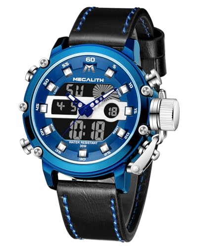 MEGALITH Uhren-Herren Militär Digitaluhr Sportlich - Armbanduhr Herren 45mm Groß Zifferblatt Wasserdicht LED Uhren fur Männer Schwarz Leder Stoppuhr Wecker Kalender von MEGALITH