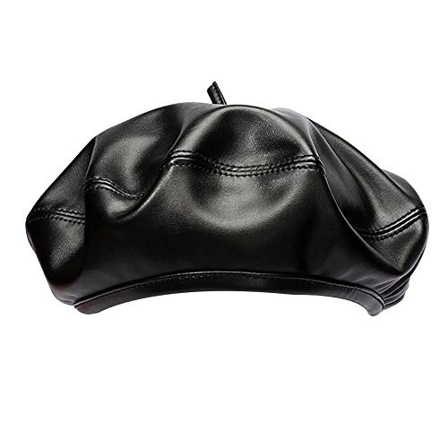 MEGAUK Damen Barett Französische Mütze Mädchen Wollmütze Beanie Maler Kappe Prinzessinhut Fraumütze Baske Baskenmütze Beret Cap Frühling Herbst Winter Hut (Leder Schwarz) von MEGAUK