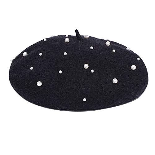 MEGAUK Damen Barett Französische Mütze Mädchen Wollmütze Beanie Maler Kappe Prinzessinhut Fraumütze Baske Baskenmütze Beret Cap Frühling Herbst Winter Hut (Perlen Schwarz) von MEGAUK