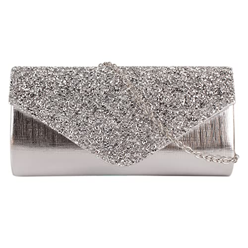 MEGAUK Damen Clutch Glitzer Abendtasche Glänzend Handtasche Envelope Tasche Strass Unterarmtasche mit Kette für Hochzeit Wedding Prom Party, Silber von MEGAUK