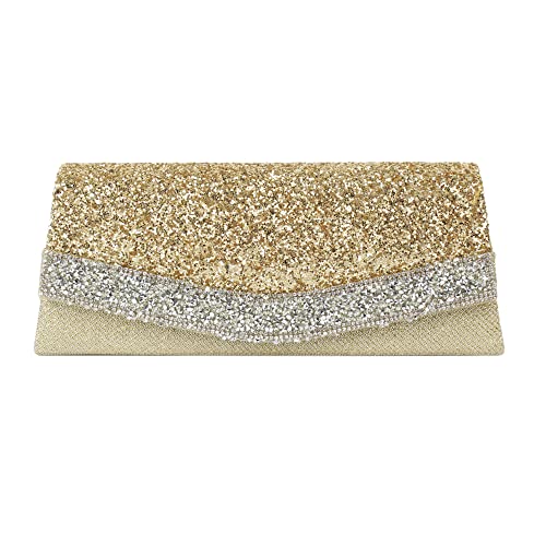 MEGAUK Damen Clutch Glitzer Elegant Abendtasche Glänzend Handtasche Envelope Tasche Strass Unterarmtasche mit Kette für Hochzeit Wedding Prom Party, Gold von MEGAUK