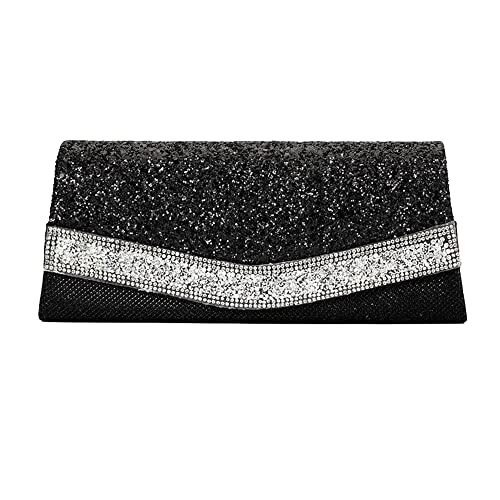 MEGAUK Damen Clutch Glitzer Elegant Abendtasche Glänzend Handtasche Envelope Tasche Strass Unterarmtasche mit Kette für Hochzeit Wedding Prom Party, Schwarz von MEGAUK