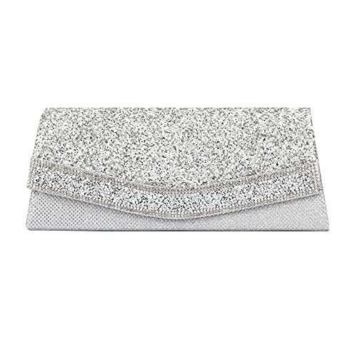 MEGAUK Damen Clutch Glitzer Elegant Abendtasche Glänzend Handtasche Envelope Tasche Strass Unterarmtasche mit Kette für Hochzeit Wedding Prom Party, Silber von MEGAUK