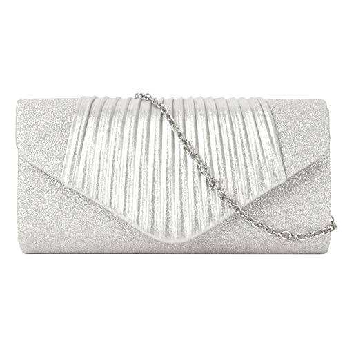 MEGAUK Damen Clutch Glitzer Elegant Abendtasche Glänzend Handtasche Envelope Tasche Strass Unterarmtasche mit Kette für Hochzeit Wedding Prom Party (06898 Silber) von MEGAUK