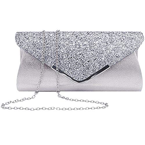 MEGAUK Damen Clutch Glitzer Elegant Abendtasche Glänzend Handtasche Envelope Tasche Strass Unterarmtasche mit Kette für Hochzeit Wedding Prom Party (Bling Silber) von MEGAUK