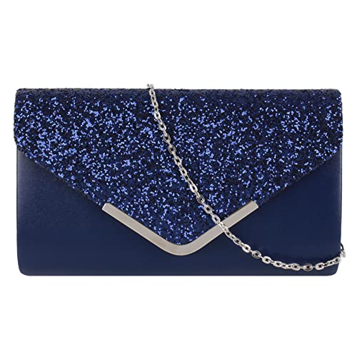 MEGAUK Damen Clutch Glitzer Elegant Abendtasche Glänzend Handtasche Envelope Tasche Strass Unterarmtasche mit Kette für Hochzeit Wedding Prom Party (Leder Blau) von MEGAUK