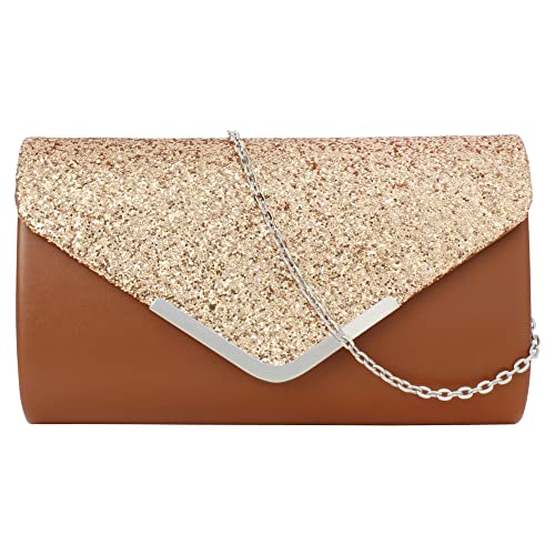 MEGAUK Damen Clutch Glitzer Elegant Abendtasche Glänzend Handtasche Envelope Tasche Strass Unterarmtasche mit Kette für Hochzeit Wedding Prom Party (Leder Braun) von MEGAUK