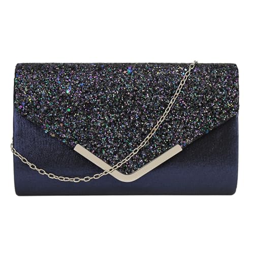 MEGAUK Damen Clutch Glitzer Elegant Abendtasche Glänzend Handtasche Envelope Tasche Strass Unterarmtasche mit Kette für Hochzeit Wedding Prom Party (Mode Dunkelblau) von MEGAUK