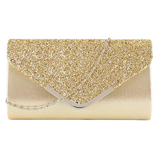 MEGAUK Damen Clutch Glitzer Elegant Abendtasche Glänzend Handtasche Envelope Tasche Strass Unterarmtasche mit Kette für Hochzeit Wedding Prom Party (Mode Gold) von MEGAUK