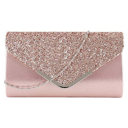 MEGAUK Damen Clutch Glitzer Elegant Abendtasche Glänzend Handtasche Envelope Tasche Strass Unterarmtasche mit Kette für Hochzeit Wedding Prom Party (Mode Rosa) von MEGAUK