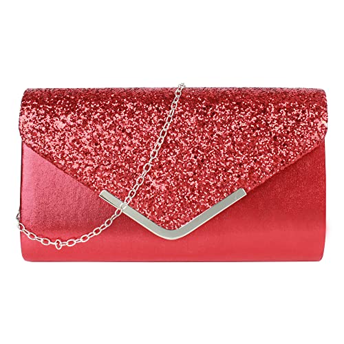 MEGAUK Damen Clutch Glitzer Elegant Abendtasche Glänzend Handtasche Envelope Tasche Strass Unterarmtasche mit Kette für Hochzeit Wedding Prom Party (Mode Rot) von MEGAUK