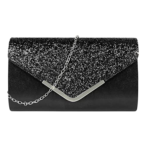 MEGAUK Damen Clutch Glitzer Elegant Abendtasche Glänzend Handtasche Envelope Tasche Strass Unterarmtasche mit Kette für Hochzeit Wedding Prom Party (Mode Schwarz) von MEGAUK