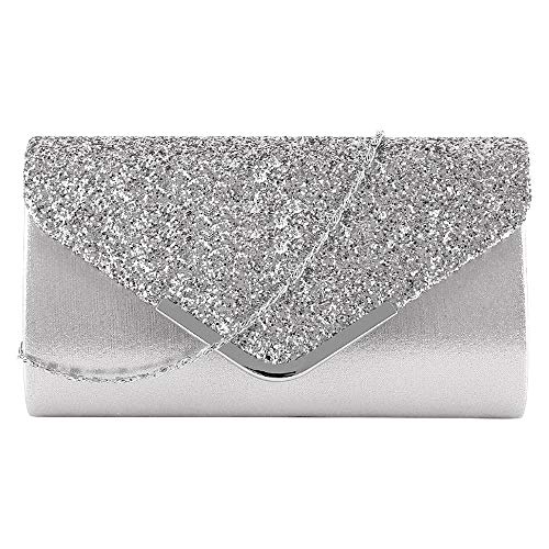 MEGAUK Damen Clutch Glitzer Elegant Abendtasche Glänzend Handtasche Envelope Tasche Strass Unterarmtasche mit Kette für Hochzeit Wedding Prom Party (Mode Silber) von MEGAUK