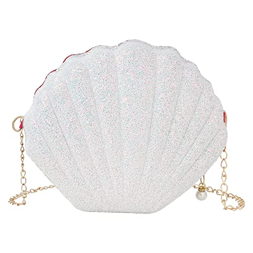 MEGAUK Damen Clutch Glitzer Muschel Abendtasche Glänzend Handtasche Strass Tasche mit Kette für Hochzeit Wedding Party, Pailletten Weiß von MEGAUK