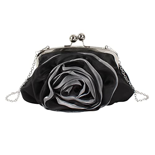 MEGAUK Damen Elegante Handtasche Blumen Clutch Satin Abendtasche Crossbody Bag mit Kette für Hochzeit Wedding Prom Party, Schwarz von MEGAUK