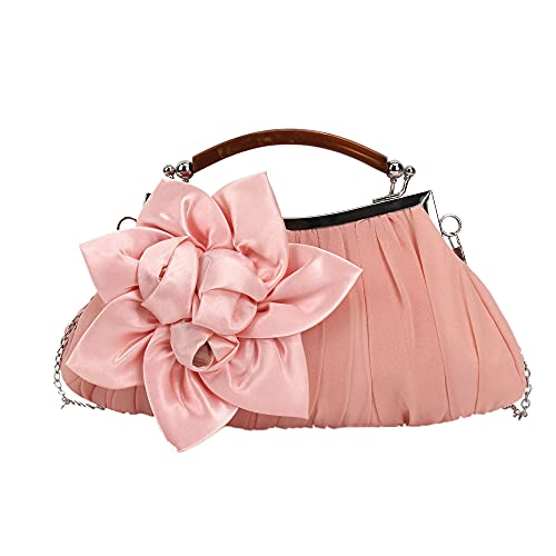 MEGAUK Damen Elegante Handtasche Blumen Clutch Satin Abendtasche Henkeltasche Crossbody Bag mit Kette Kisslock Design, Champagnerfarbe von MEGAUK