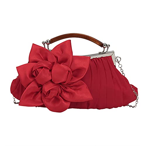 MEGAUK Damen Elegante Handtasche Blumen Clutch Satin Abendtasche Henkeltasche Crossbody Bag mit Kette Kisslock Design, Rot von MEGAUK