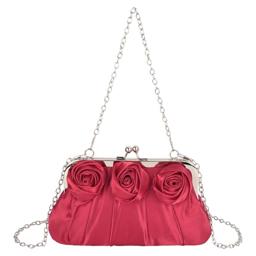 MEGAUK Damen Elegante Handtasche Blumen Clutch Satin Abendtasche Henkeltasche Crossbody Bag mit Kette Kisslock Design (08502 Rot) von MEGAUK