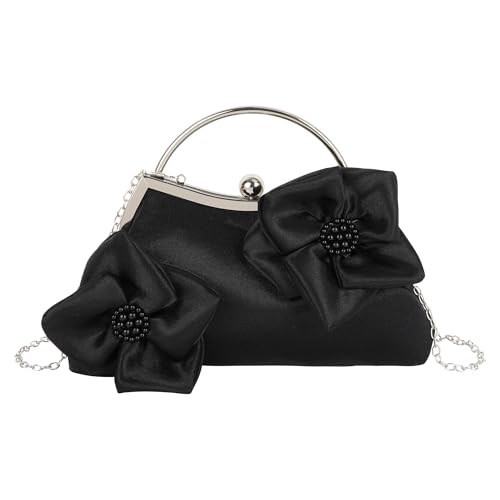 MEGAUK Damen Elegante Handtasche Blumen Clutch Satin Abendtasche Henkeltasche Crossbody Bag mit Kette Kisslock Design (08589 Schwarz) von MEGAUK