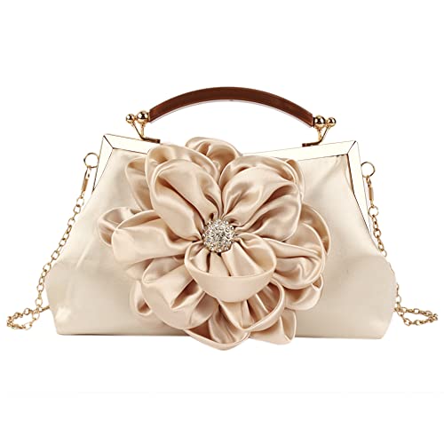 MEGAUK Damen Elegante Handtasche Blumen Clutch Satin Abendtasche Henkeltasche Crossbody Bag mit Kette Kisslock Design von MEGAUK