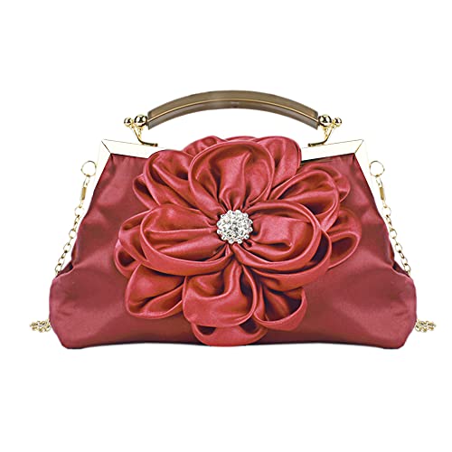 MEGAUK Damen Elegante Handtasche Blumen Clutch Satin Abendtasche Henkeltasche Crossbody Bag mit Kette Kisslock Design von MEGAUK